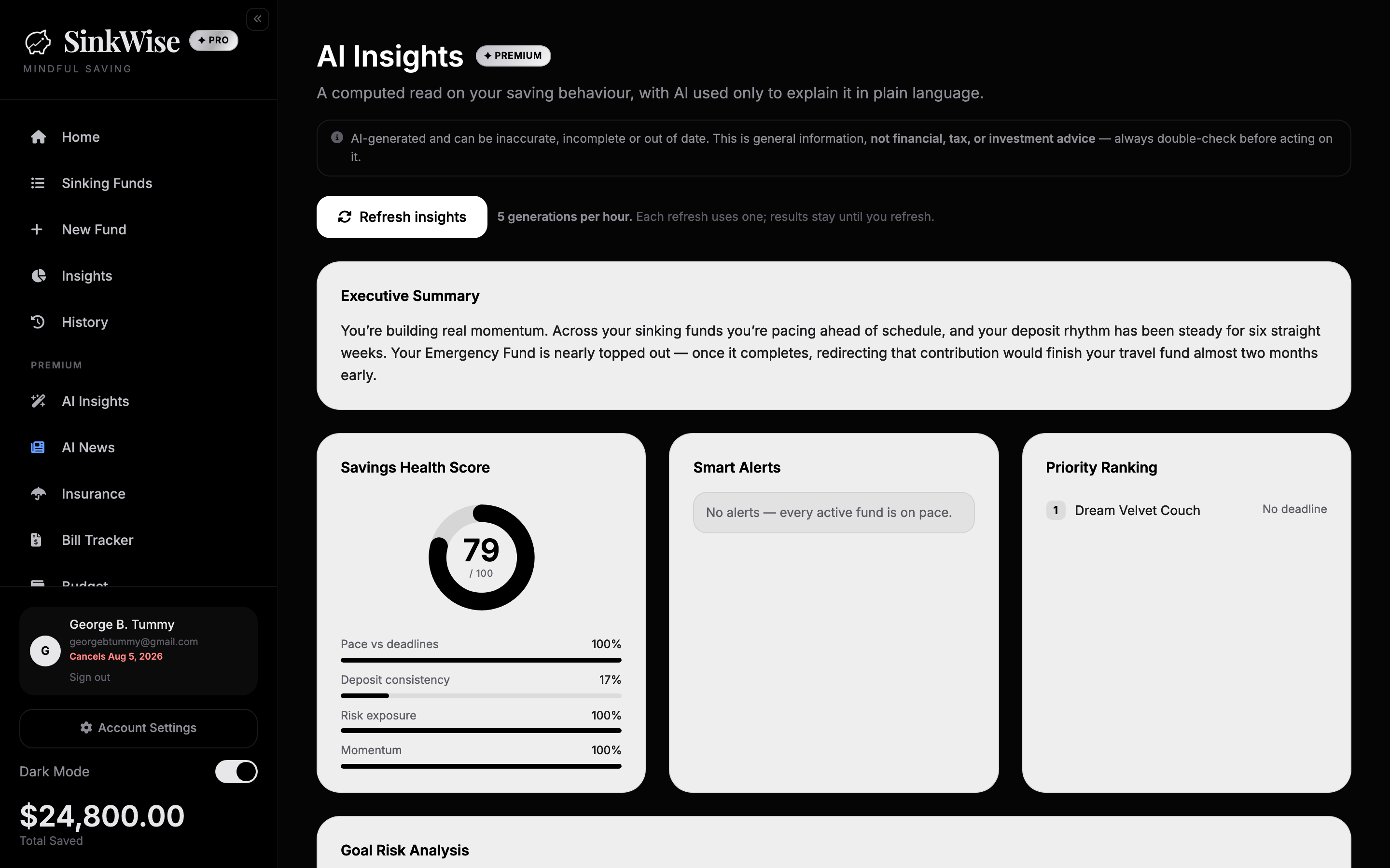 AI Insights page with savings health score