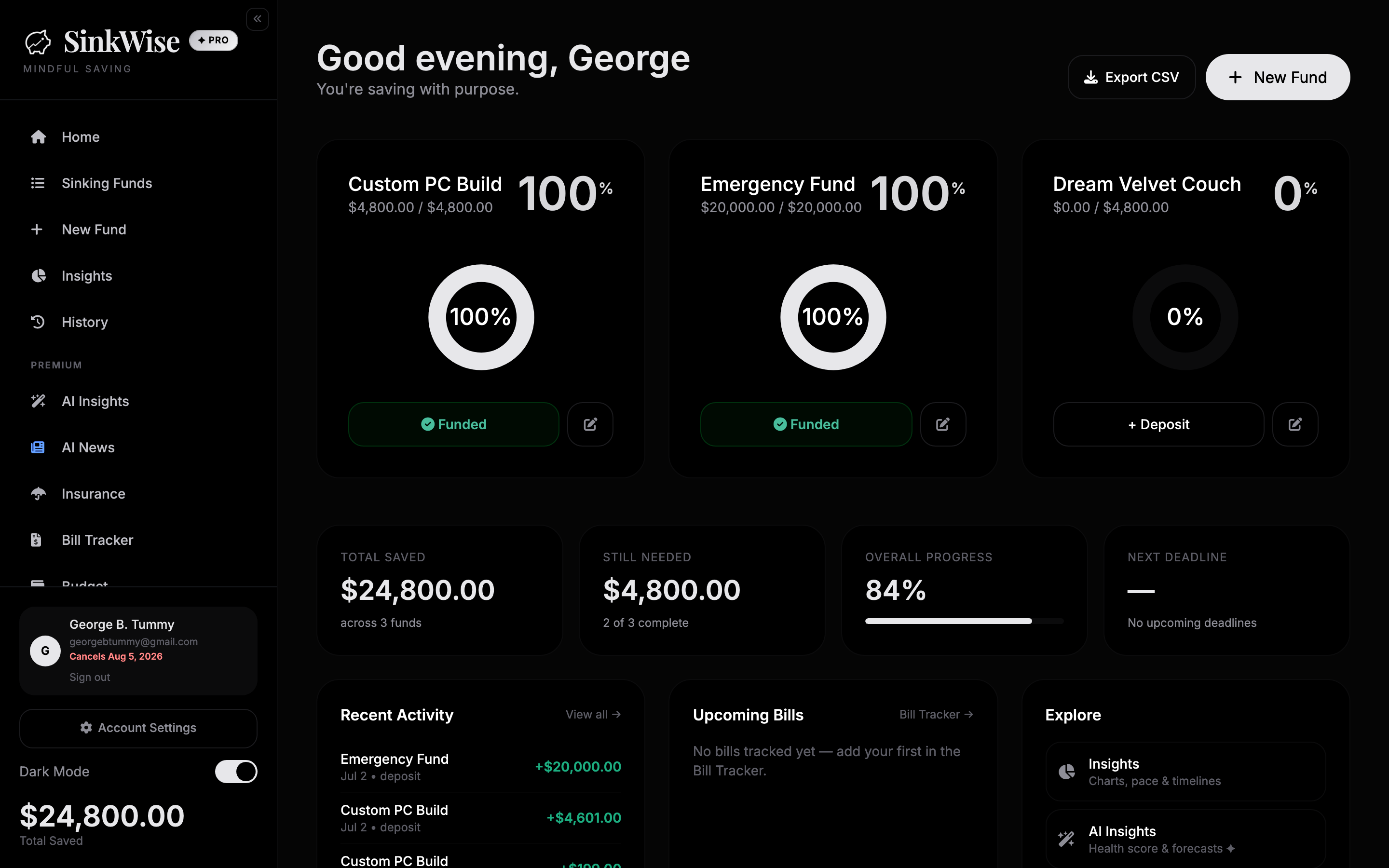 The SinkWise dashboard: sinking funds, progress rings and a full money overview
