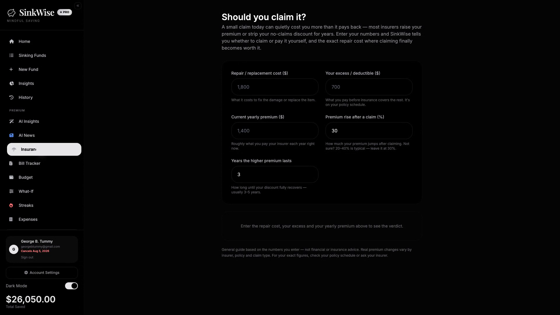Insurance Claim Tool page: should you claim it, or pay it yourself